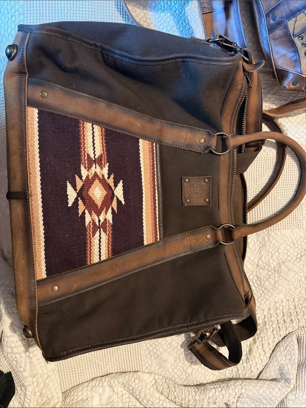 STS Ranchwear Dark Brown Canvas & Leather Duffel with Southwestern Accent